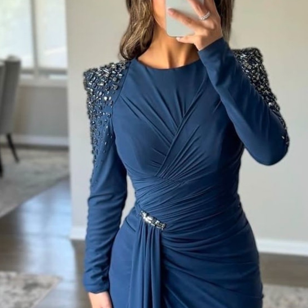 Blue Ruched Wrap Long Sleeve Gown